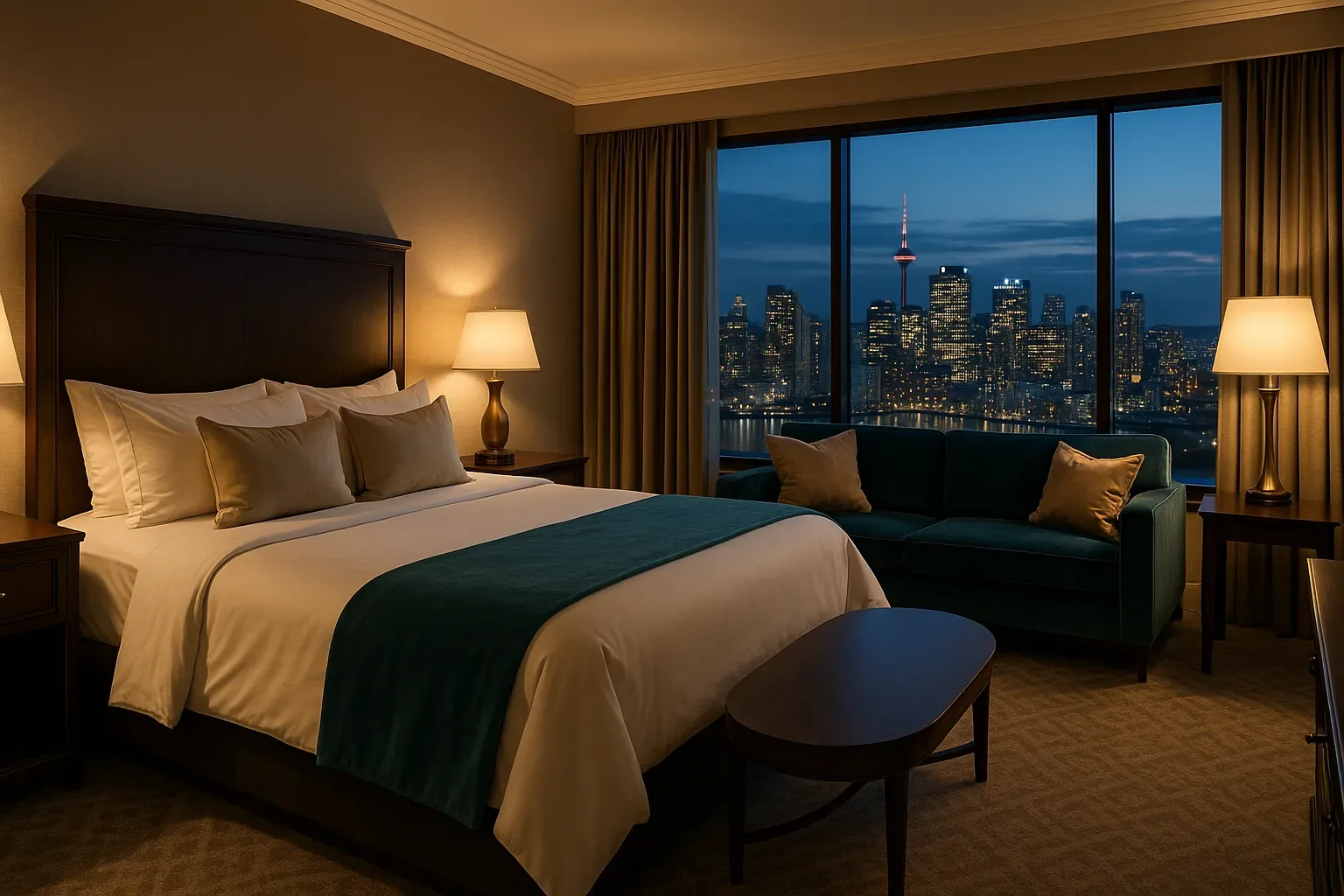Luxury suite overlooking the city at dusk